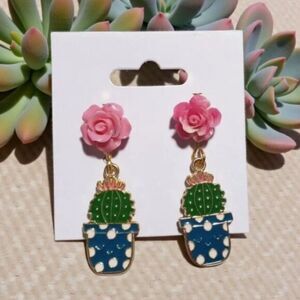 Fairy Kawaii Pink Rose and Cactus Earrings